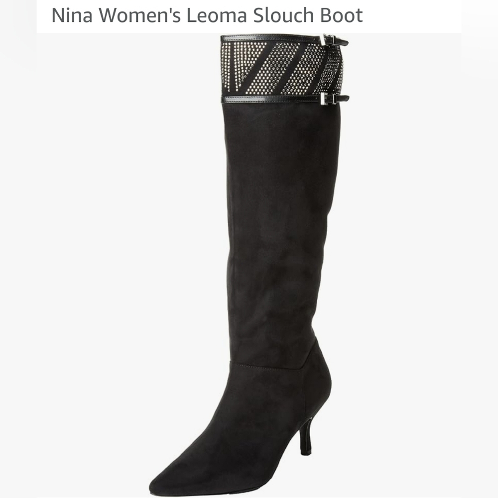 Nina‎ Statement Black Rocker Chic Festival Heel Boots Rhinestone Size 7 Black
